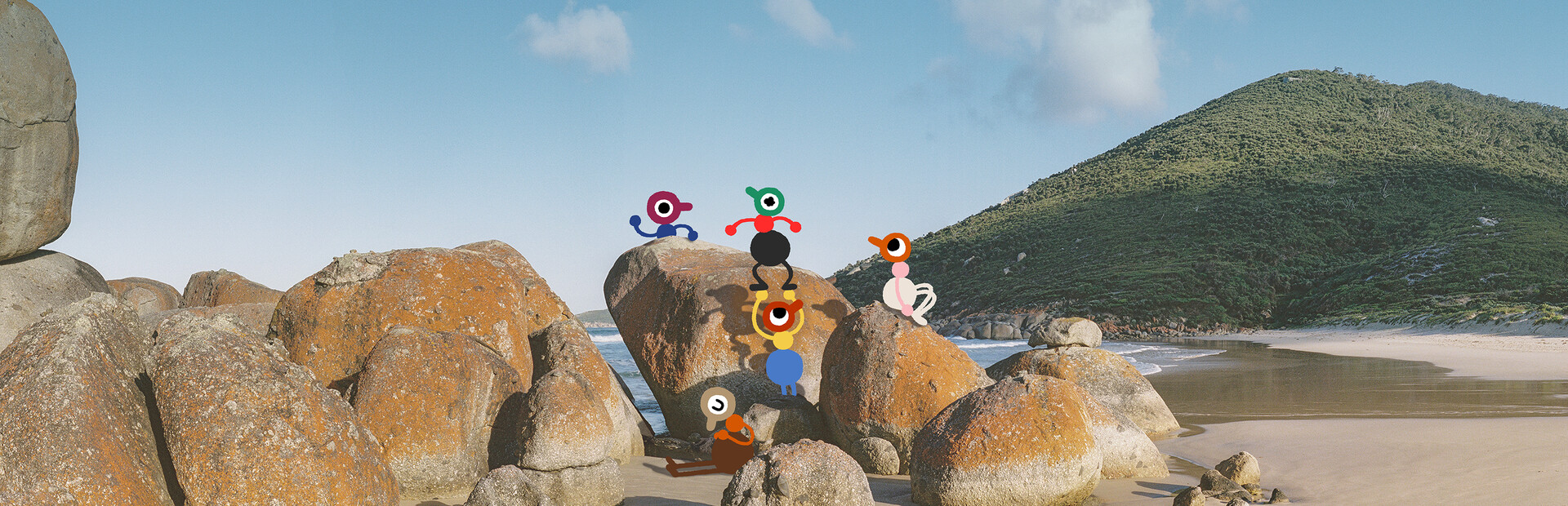 Big Walk official hero artwork — stylized characters exploring a sunlit coastal island