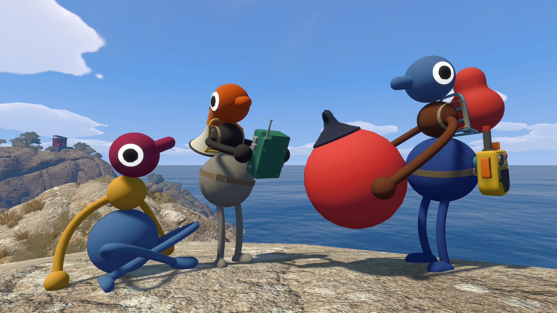 Official Big Walk screenshot — characters looking out over the island terrain